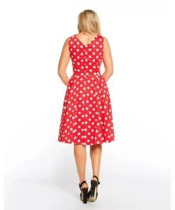Eva Rose V-Neck Swing Dress In Red With White Polka Dots