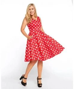 Eva Rose V-Neck Swing Dress In Red With White Polka Dots
