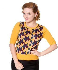 Banned Retro 50's Cube Jumper In Mustard Women's Apparel