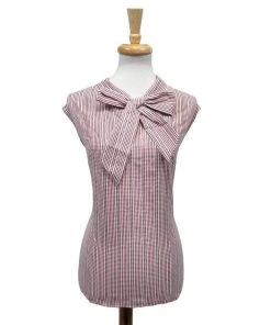 Retrolicious Red Checkered Bow Top Women's Apparel