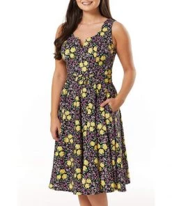 Timeless London Ria Purple & Yellow Rose Swing Dress Women's Apparel