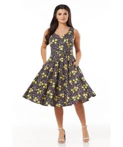 Timeless London Ria Purple & Yellow Rose Swing Dress Women's Apparel