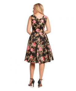 Women's Apparel Eva Rose V-Neck Rose Garden Swing Dress In Black And Pink