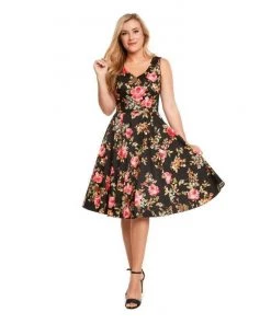 Women's Apparel Eva Rose V-Neck Rose Garden Swing Dress In Black And Pink