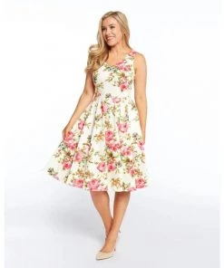 Eva Rose V-Neck Rose Garden Swing Dress In Ivory And Pink