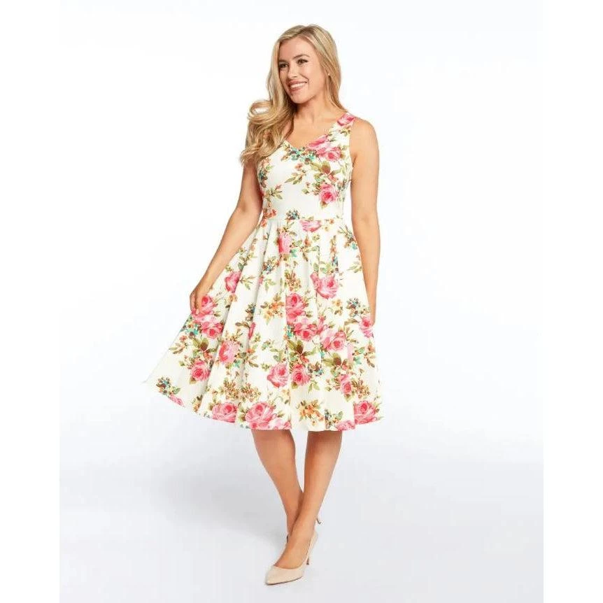 Eva Rose V-Neck Rose Garden Swing Dress In Ivory And Pink 3 Eva Rose V-Neck Rose Garden Swing Dress In Ivory And Pink
