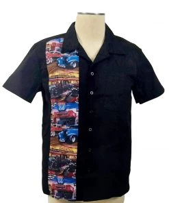 Glitz Glam And Rebellion Men's Bowling Shirt With Classic Cars Panel Men's Apparel