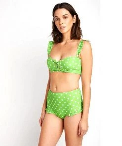 Glitz Glam And Rebellion Ruffled Polkadot 2 Piece Swimsuit In Lime Green