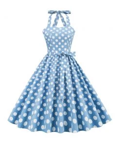 Glitz Glam And Rebellion Women's Apparel Blue And White Polka Dot Halter Neck 50s Pin Up Polka Dot Vintage Corset Dress