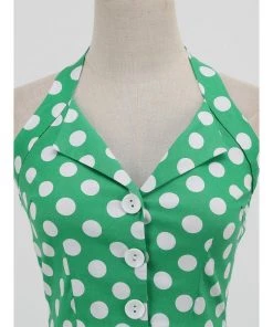 Glitz Glam And Rebellion Women's Apparel Green Halter Neck Button 50s Vintage Rockabilly Swing Dress