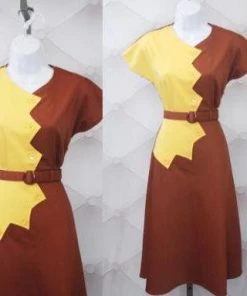 Star Struck Clothing Sawtooth Color Block Dress In Marigold And Brown Women's Apparel