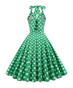 Glitz Glam And Rebellion Women's Apparel Green Halter Neck Button 50s Vintage Rockabilly Swing Dress