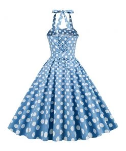 Glitz Glam And Rebellion Women's Apparel Blue And White Polka Dot Halter Neck 50s Pin Up Polka Dot Vintage Corset Dress