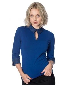 Banned Secretary Collar Top In Blue Women's Apparel