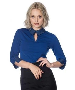 Banned Secretary Collar Top In Blue Women's Apparel