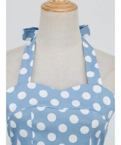 Glitz Glam And Rebellion Women's Apparel Blue And White Polka Dot Halter Neck 50s Pin Up Polka Dot Vintage Corset Dress