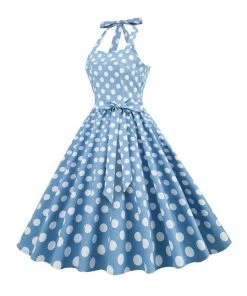 Glitz Glam And Rebellion Women's Apparel Blue And White Polka Dot Halter Neck 50s Pin Up Polka Dot Vintage Corset Dress