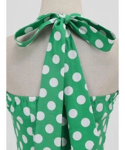 Glitz Glam And Rebellion Women's Apparel Green Halter Neck Button 50s Vintage Rockabilly Swing Dress