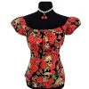 Glitz Glam And Rebellion Women's Apparel Pinup Peasant Top In Skulls And Roses Print