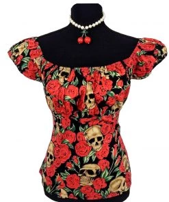 Glitz Glam And Rebellion Women's Apparel Pinup Peasant Top In Skulls And Roses Print