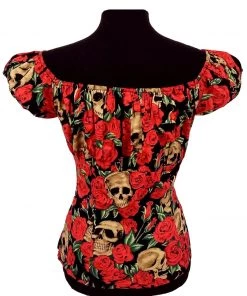 Glitz Glam And Rebellion Women's Apparel Pinup Peasant Top In Skulls And Roses Print