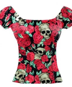Glitz Glam And Rebellion Women's Apparel Pinup Peasant Top In Skulls And Roses Print