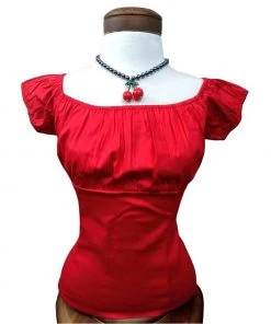 Glitz Glam And Rebellion Pinup Peasant Top In Solid Red Women's Apparel