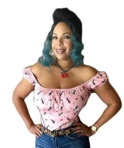 Glitz Glam And Rebellion Women's Apparel Pinup Peasant Top In Retro Kitty Print