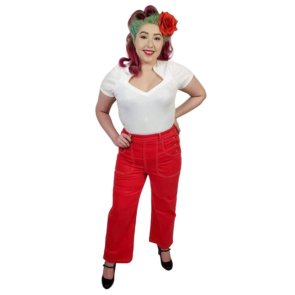 Women's Apparel Star Struck Clothing 50s Button Jeans In Red 3 Women's Apparel Star Struck Clothing 50s Button Jeans In Red