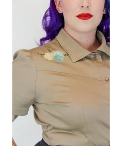 Hemet Embroidered Succulent Western Shirt In Khaki