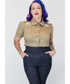 Hemet Embroidered Succulent Western Shirt In Khaki