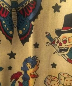 Glitz Glam And Rebellion Men's Bowling Shirt In Black With Tattoo Print Panel Men's Apparel