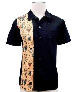 Glitz Glam And Rebellion Men's Bowling Shirt In Black With Tattoo Print Panel Men's Apparel