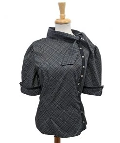 ChicStar Women's Apparel Tie-Neck Studded Scholar Top In Gray Plaid