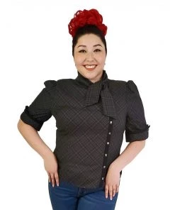 ChicStar Women's Apparel Tie-Neck Studded Scholar Top In Gray Plaid