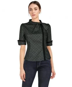 ChicStar Women's Apparel Tie-Neck Thoughtful Top In Grey Plaid