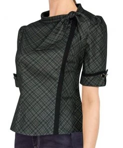 ChicStar Women's Apparel Tie-Neck Thoughtful Top In Grey Plaid
