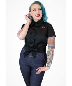 Hemet Embroidered Cherries Knot Top In Black