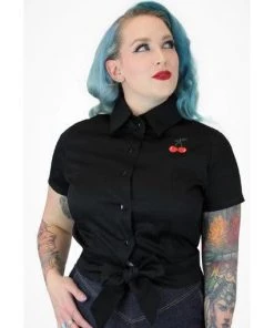 Hemet Embroidered Cherries Knot Top In Black