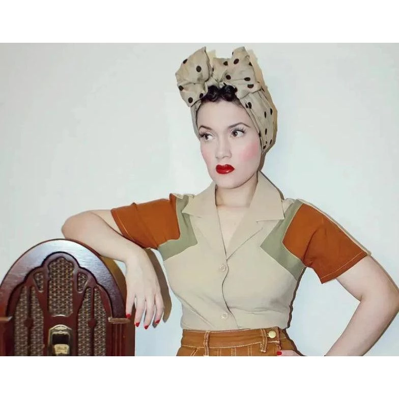 Star Struck Clothing 40s Tri-Tone Work Blouse In Tan 3 Star Struck Clothing 40s Tri-Tone Work Blouse In Tan
