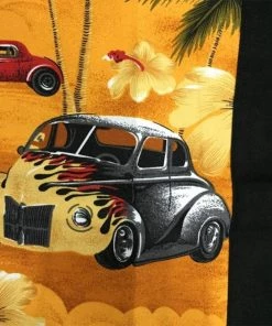 Glitz Glam And Rebellion GGR Men's Bowling Shirt In Black With Palm Trees & Classic Cars