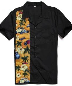 Glitz Glam And Rebellion GGR Men's Bowling Shirt In Black With Palm Trees & Classic Cars