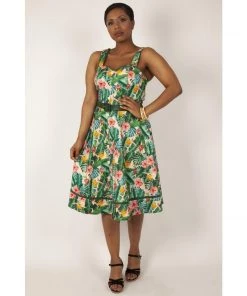 Voodoo Vixen Jinkx Flare Dress In Tropical Print Women's Apparel