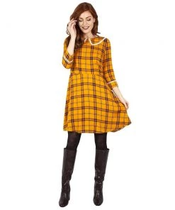 Women's Apparel Voodoo Vixen Harley Shadow Collar Tartan Dress In Yellow