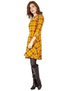 Women's Apparel Voodoo Vixen Harley Shadow Collar Tartan Dress In Yellow