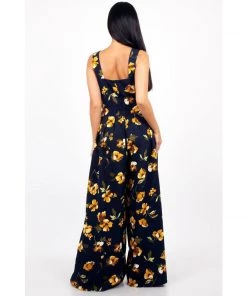 Voodoo Vixen Andrea Floral Wide Leg Jumpsuit In Navy Women's Apparel