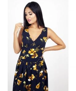 Voodoo Vixen Andrea Floral Wide Leg Jumpsuit In Navy Women's Apparel