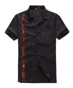 Glitz Glam And Rebellion Men's Bowling Shirt In Black With Flame Panel