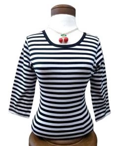 Glitz Glam And Rebellion Pinup Top In Black & White Bandit Stripe Women's Apparel