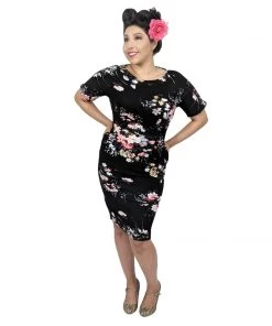 Glitz Glam And Rebellion Spring Art Flowers Wiggle Dress In Black Women's Apparel